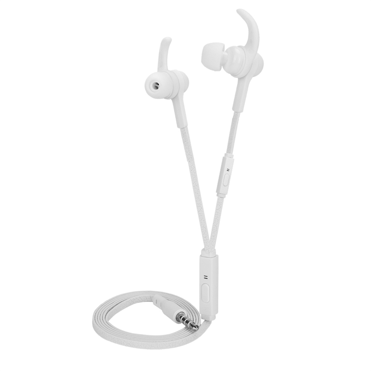 Weiße Ohrhörer mit Kabel und Steuerung, schräge Ansicht, isoliert auf weißem Hintergrund.