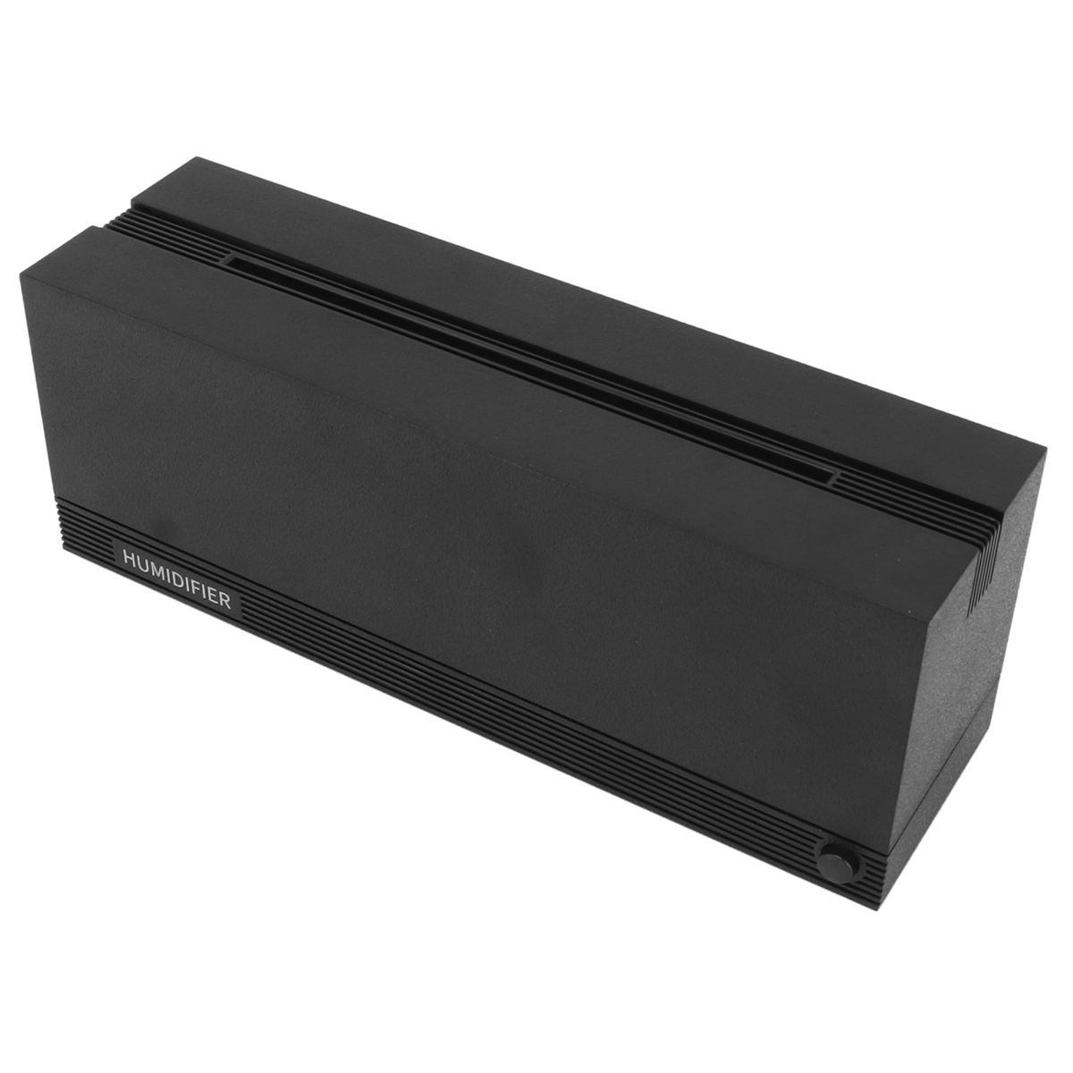 Ein schwarzer Luftbefeuchter mit dem Wort HUMIDIFIER darauf. Er hat einen schwarzen Knopf.