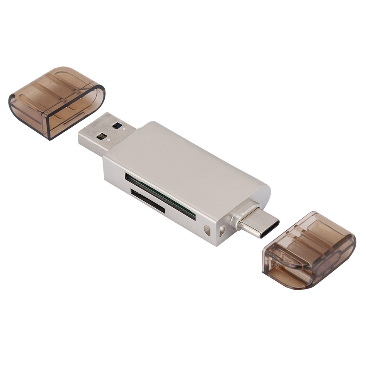 Silberner USB-Kartenleser mit zwei transparenten Abdeckungen. Eine ist offen, die andere geschlossen.