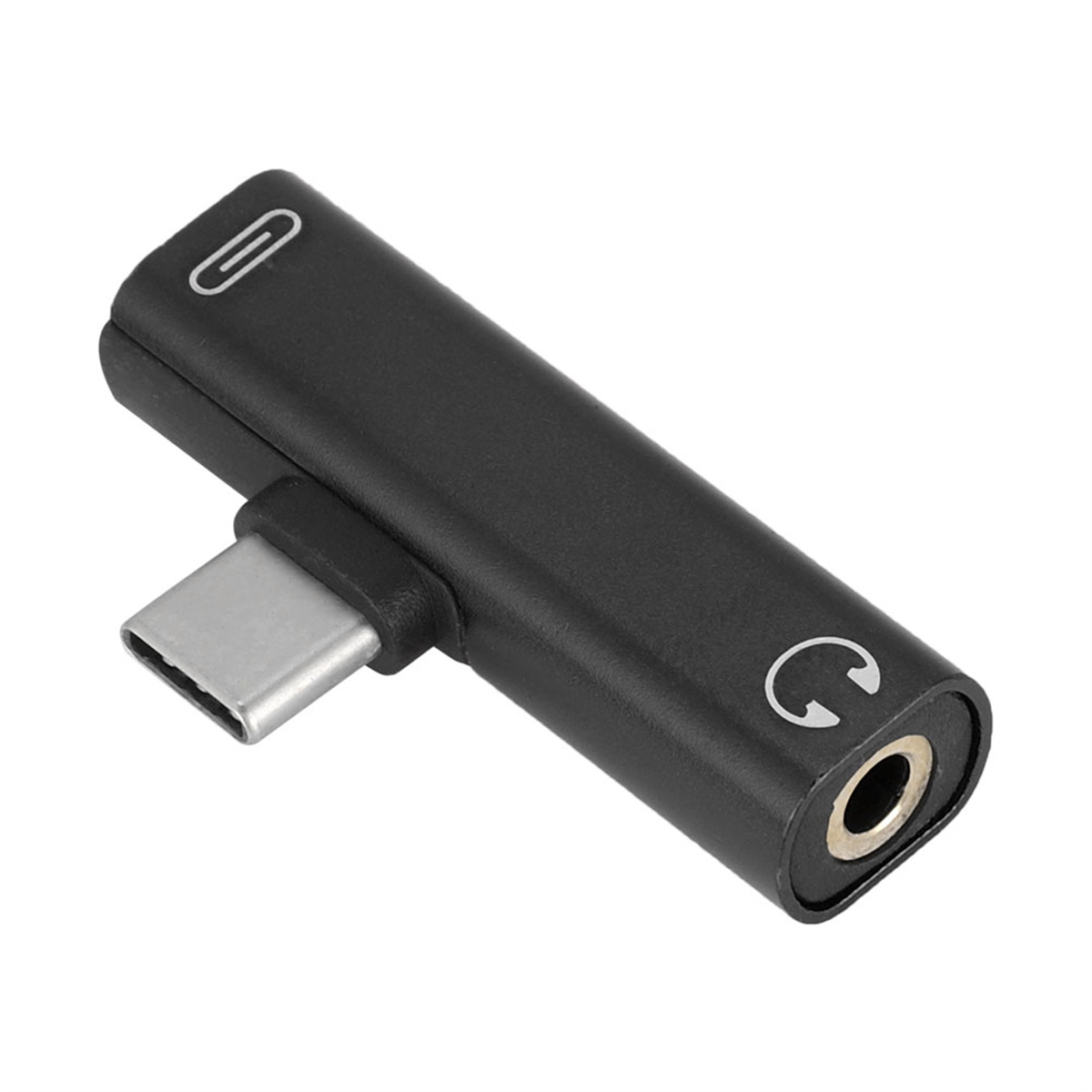 Schwarzer Adapter mit USB-C und Kopfhöreranschluss. Schrägansicht auf weißem Hintergrund.