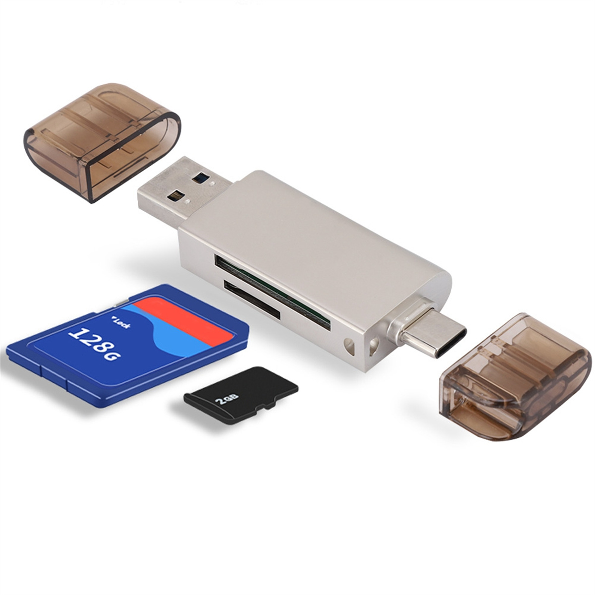 Silberner Kartenleser mit USB-Anschluss, USB-C-Anschluss und zwei Kartensteckplätzen, mit Schutzhüllen.