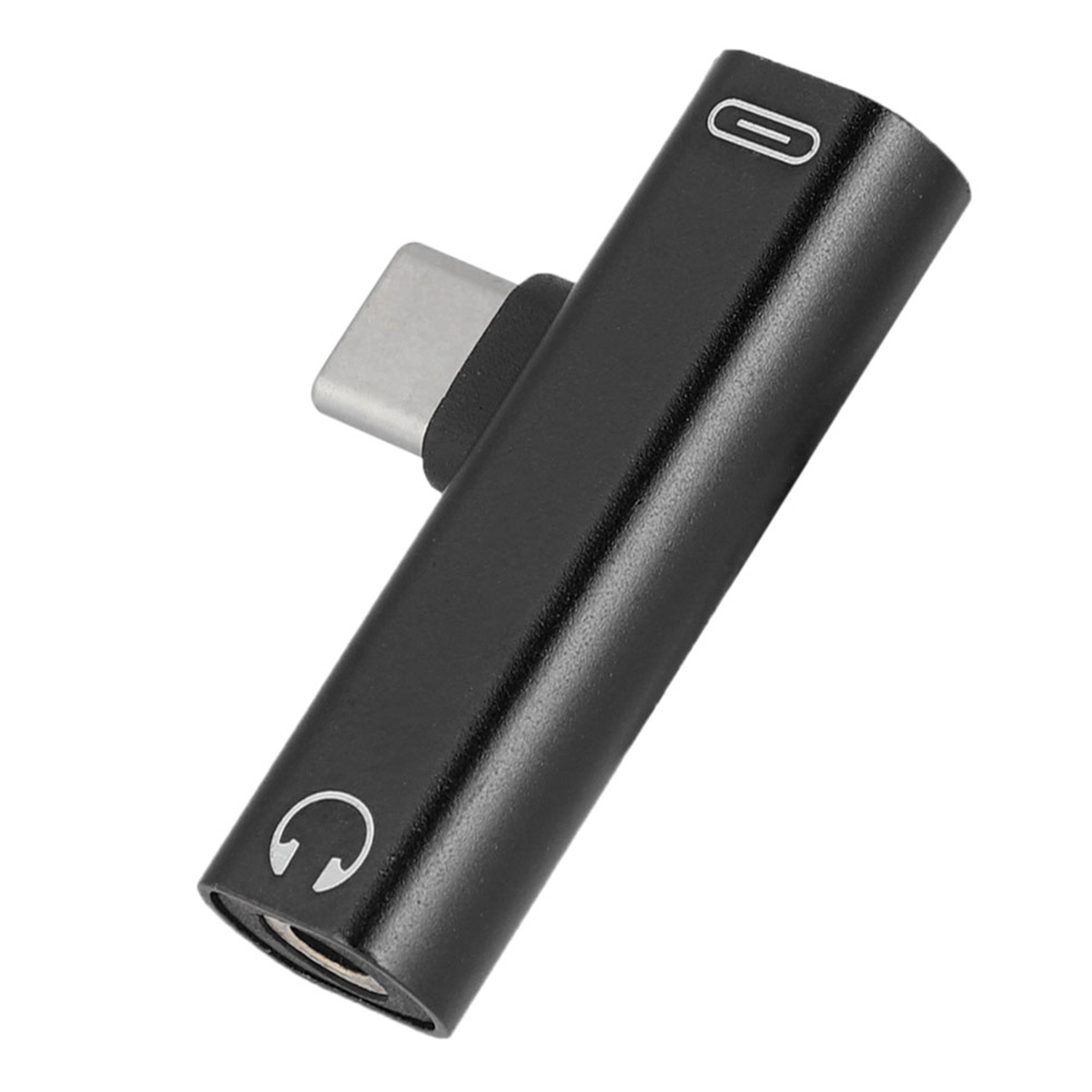 Ein schwarzer USB-C-zu-Kopfhörerbuchsen-Adapter mit USB-C- und Kopfhöreranschluss.