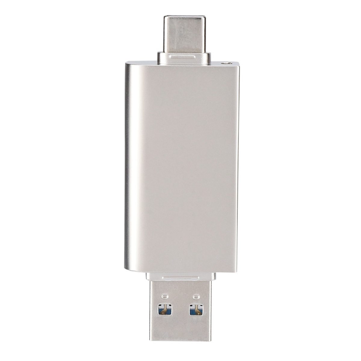 Ein silberner USB-C-zu-USB-A-Adapter. USB-C oben, USB-A unten, beide in einem rechteckigen Gehäuse.