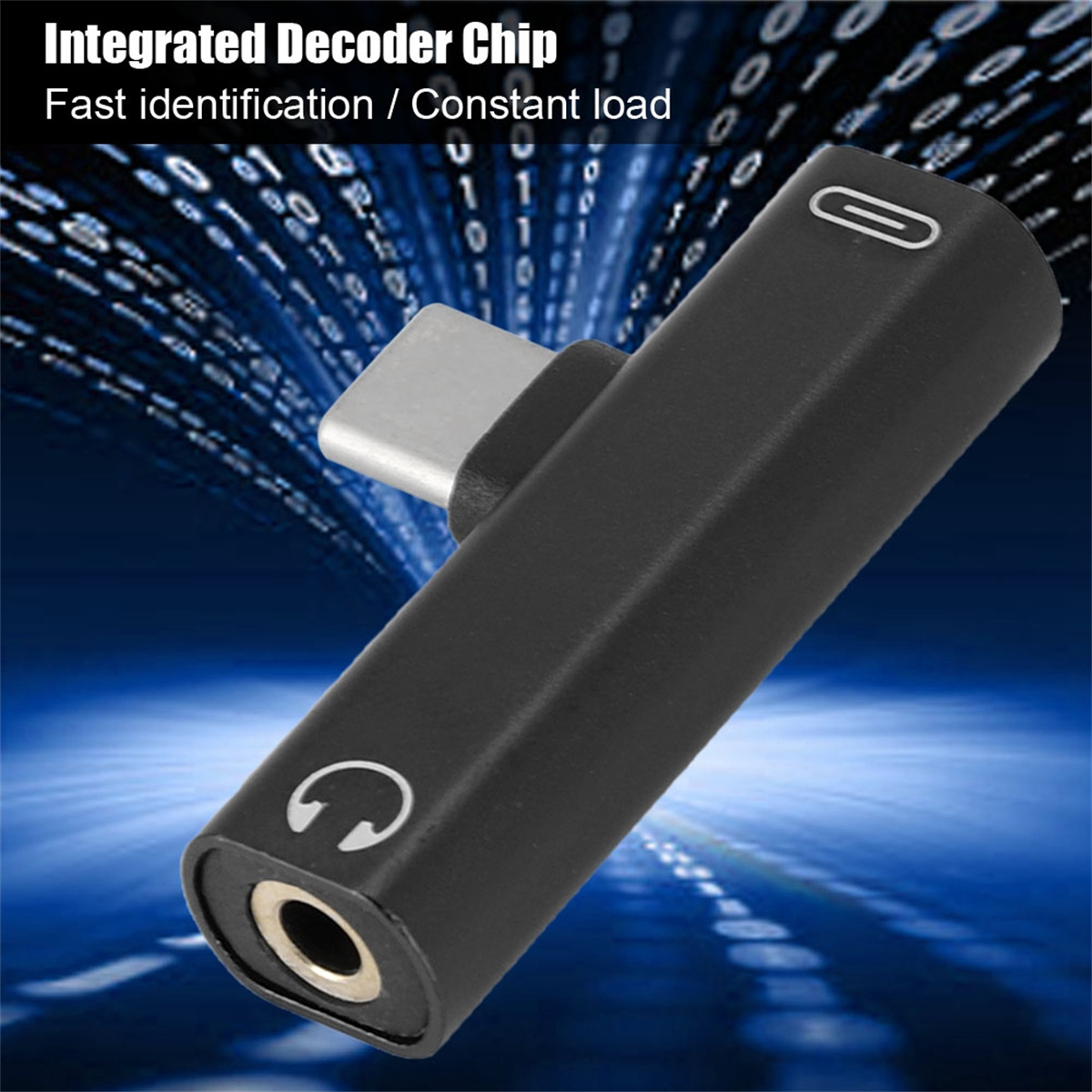 Schwarzer Adapter mit USB-C- und Kopfhöreranschluss. Text: Schnelle Identifizierung, konstante Last.