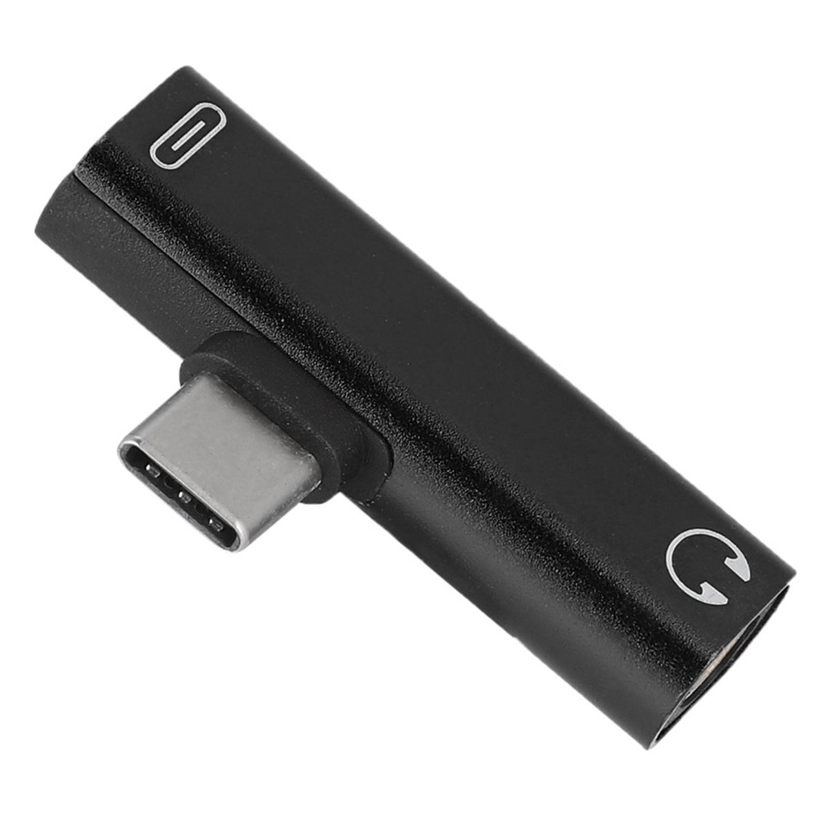 Schwarzer Audioadapter mit USB-C-Eingang und Kopfhöreranschluss.