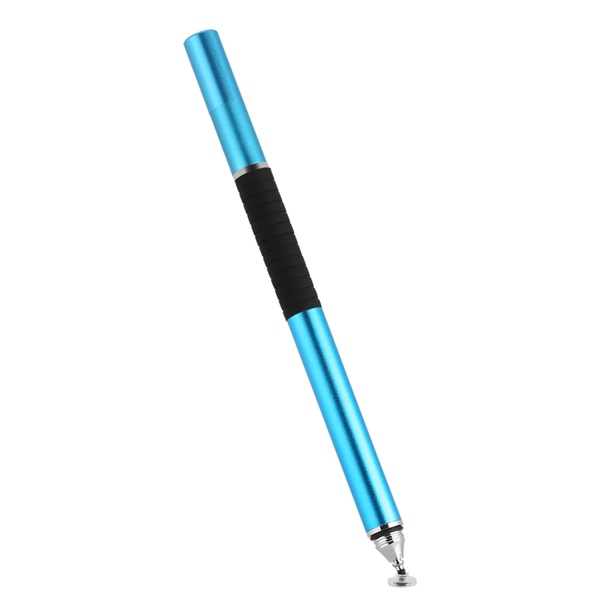Blauer Stift, mit schwarzem Griff, auf weißem Hintergrund.