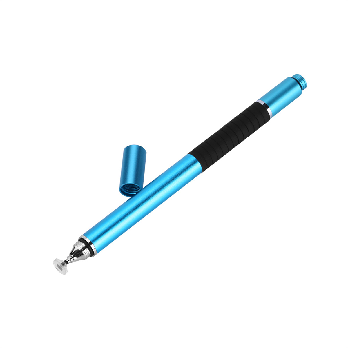 Blauer Eingabestift mit schwarzem Griff und silberner Spitze, mit abgenommener Kappe.