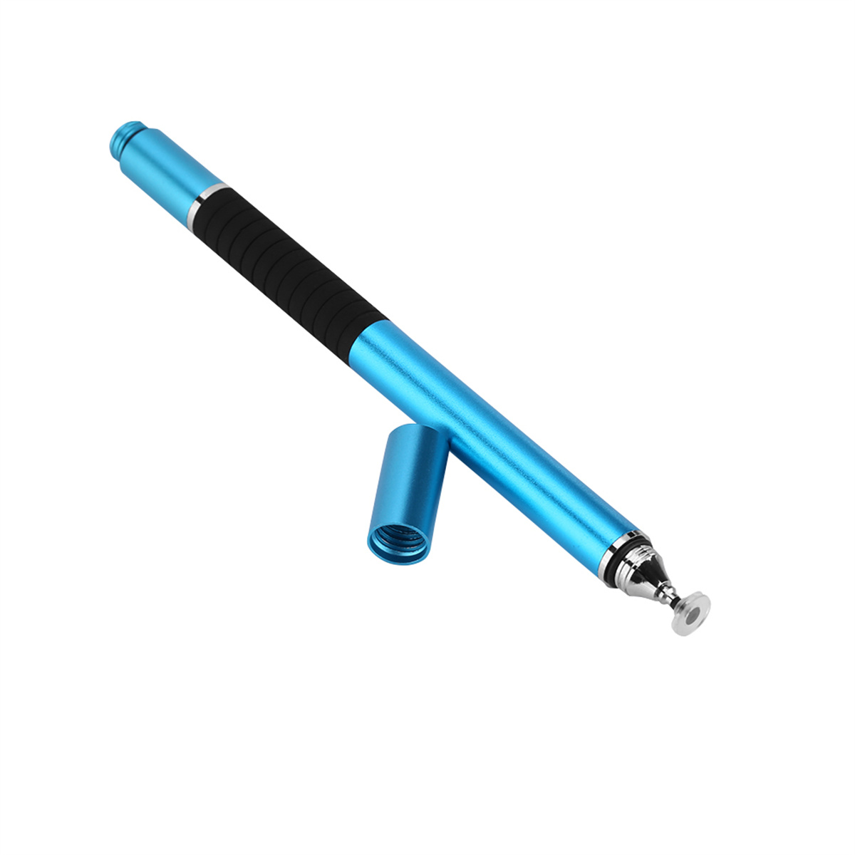 Ein blauer Eingabestift mit schwarzem Griff und Kappe, der auf einer weißen Oberfläche liegt.