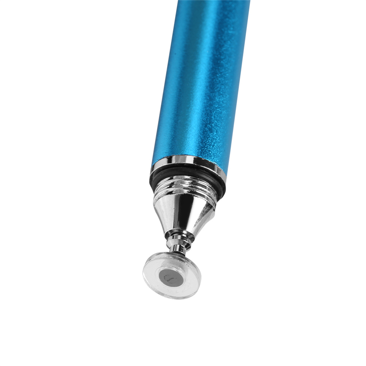 Ein blauer Stift mit silberner Spitze auf weißem Hintergrund. Die Spitze hat einen klaren, runden Kontaktpunkt.
