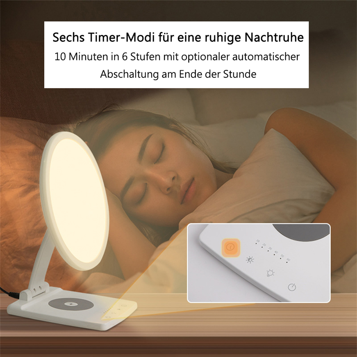 Frau schläft neben hellem Licht. Text: Timer-Modi für ruhigen Schlaf und automatische Abschaltung.
