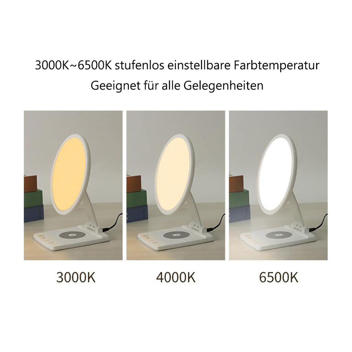 Drei verstellbare Schreibtischlampen mit unterschiedlichen Farbtemperaturen: warm, neutral und kaltweiß.