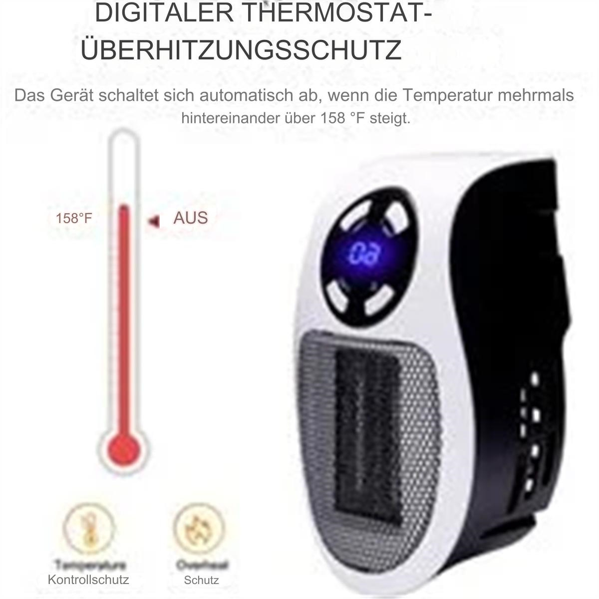 Ein kleiner weiß-schwarzer Digitalheizer mit Thermometer und Text zum Überhitzungsschutz.