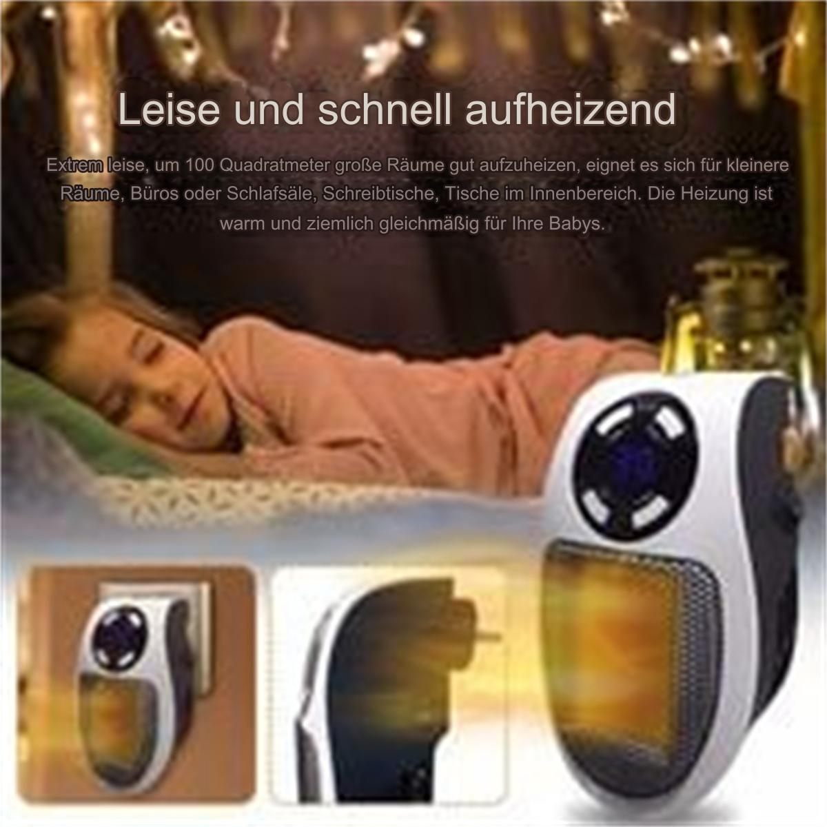 Ein kleiner Heizlüfter mit schlafendem Kind. Text: schnelles Heizen, geeignet für kleine Räume und Babys.