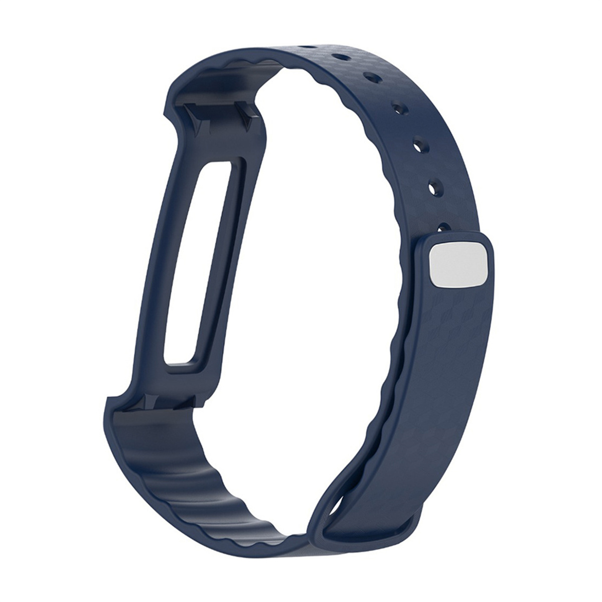 Dunkelblaues Silikon-Uhrenarmband mit strukturierter Oberfläche und weißem Verschluss, isoliert.