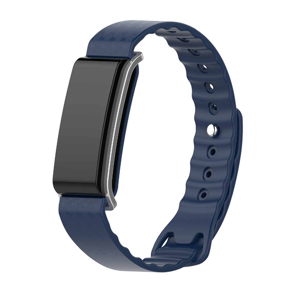 Blauer Fitnesstracker, geschwungenes Design, schwarzer Bildschirm.