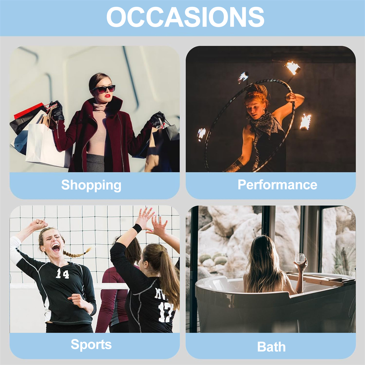 Vier Bilder: Shopping, Performance, Sport und Bad, jeweils mit einer Person.
