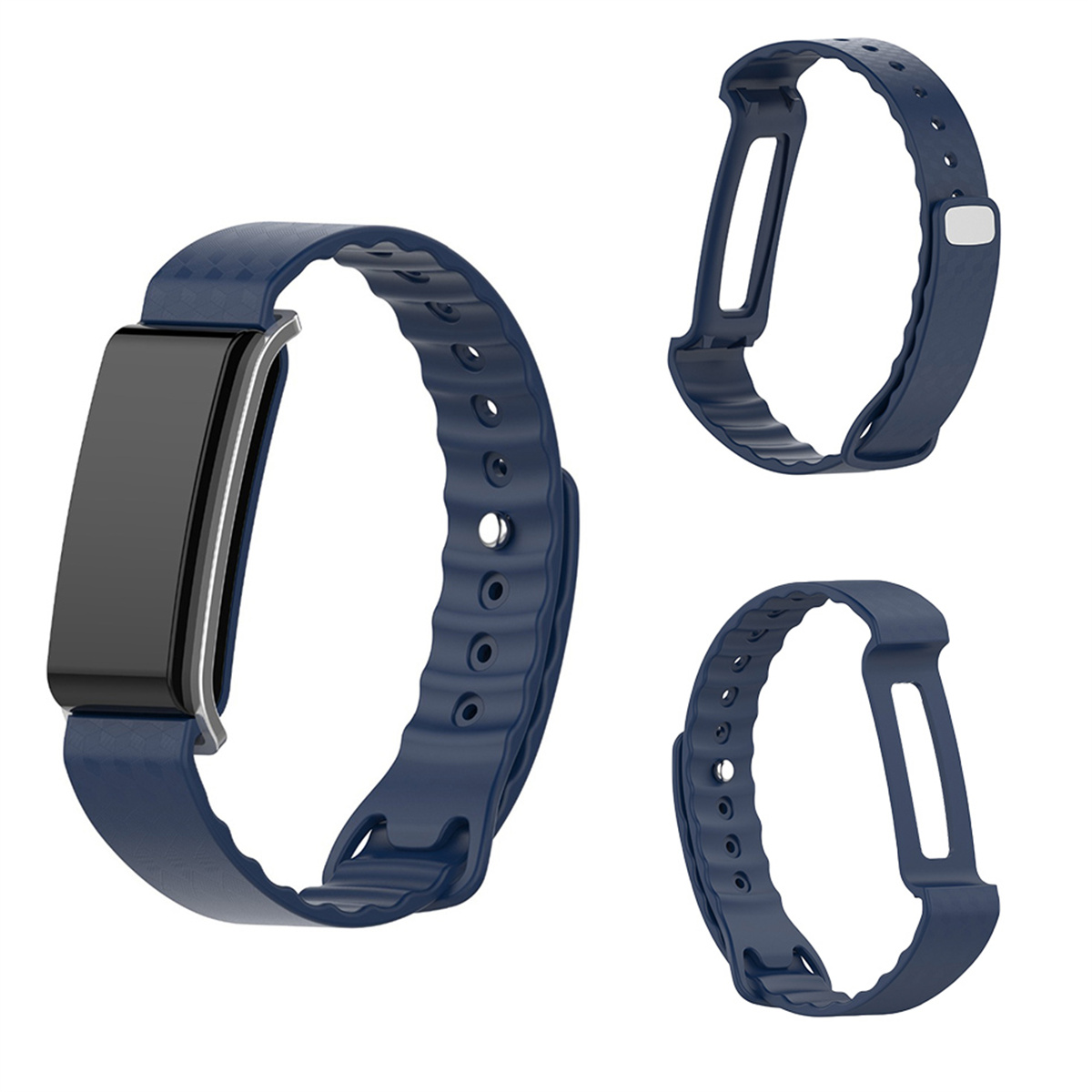 Drei dunkelblaue Smartwatch-Armbänder. Eines mit Bildschirm, zwei ohne und eine silberne Schnalle.