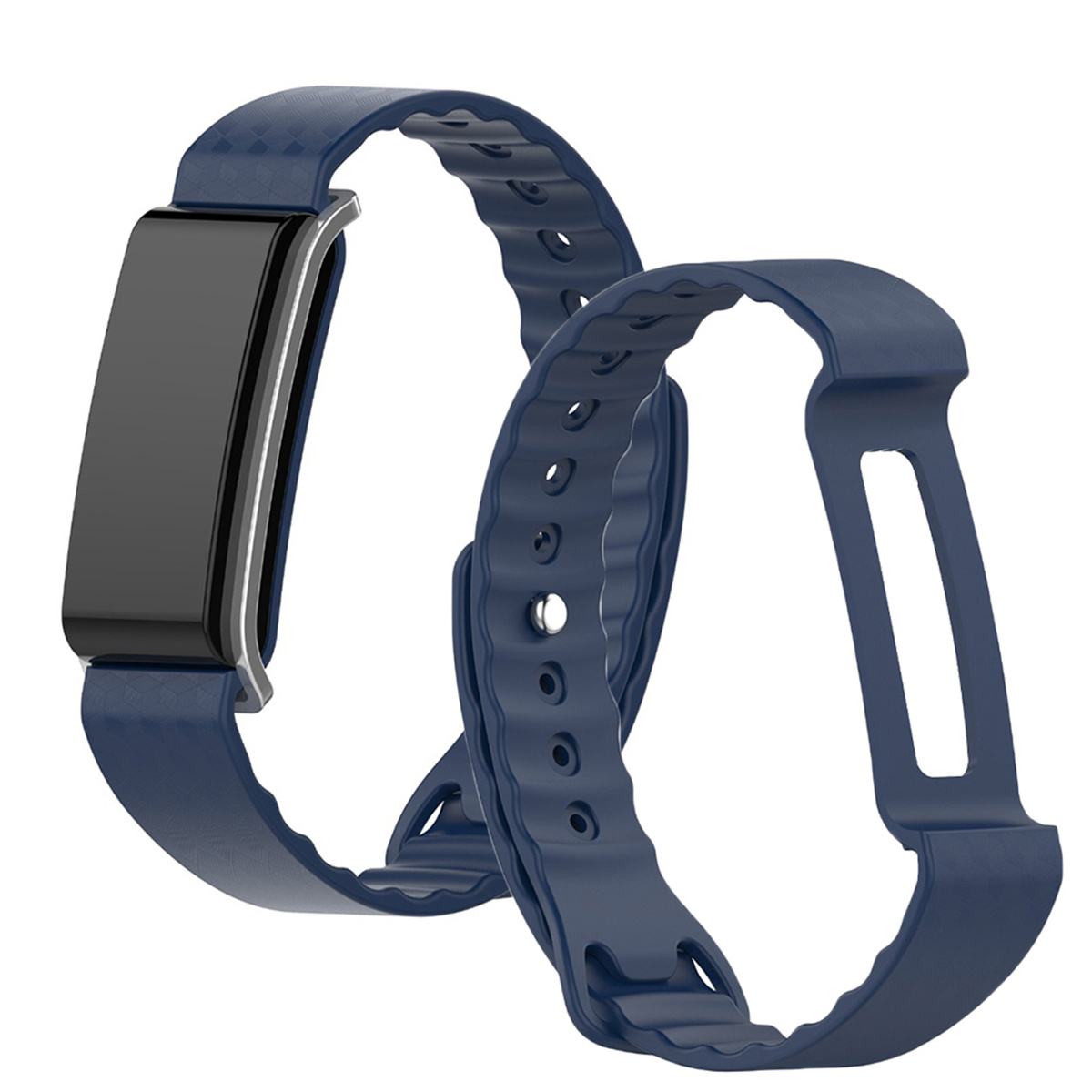 Zwei marineblaue Smartwatch-Armbänder, eines mit Bildschirm.