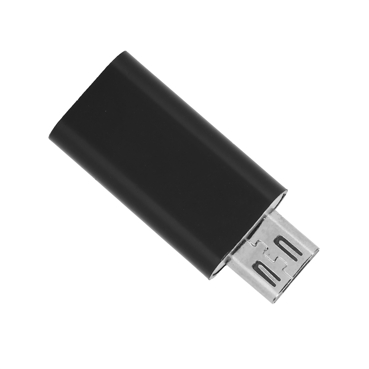 Schwarzer Micro-USB-Adapter auf weißem Hintergrund. Der USB-Anschluss ist silber.