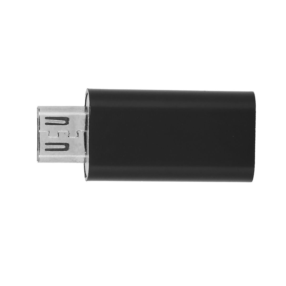 Ein schwarzer Micro-USB-Anschluss auf weißem Hintergrund.