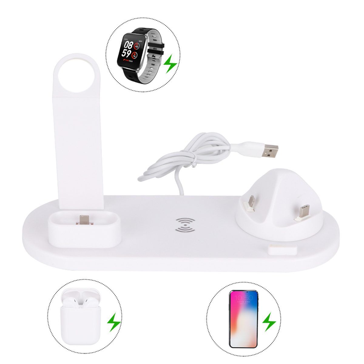 Weiße Ladestation mit Steckplätzen für Uhr, Ohrhörer und Telefon. Enthält ein weißes Kabel.