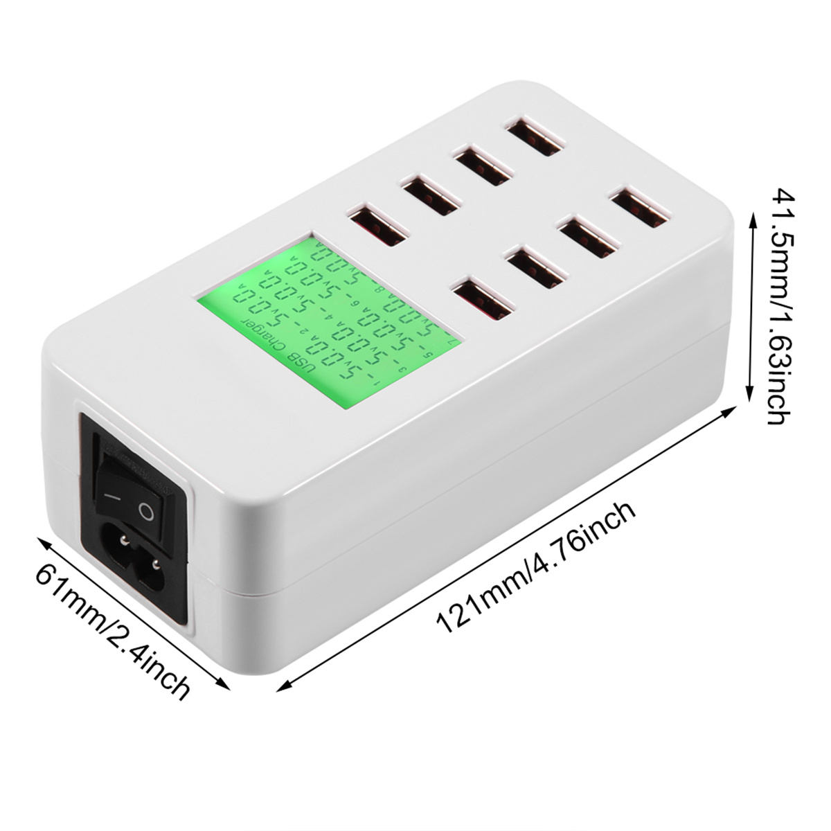 Ein weißes Multi-Port-USB-Ladegerät mit Abmessungen und Netzschalter.