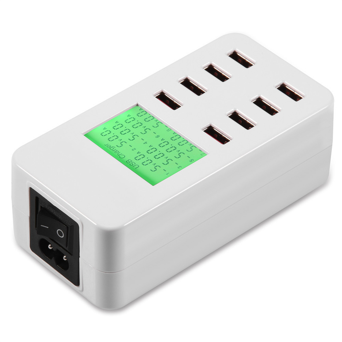 Weißes USB-Ladegerät mit mehreren Anschlüssen, einem Netzschalter und einer Anzeige.