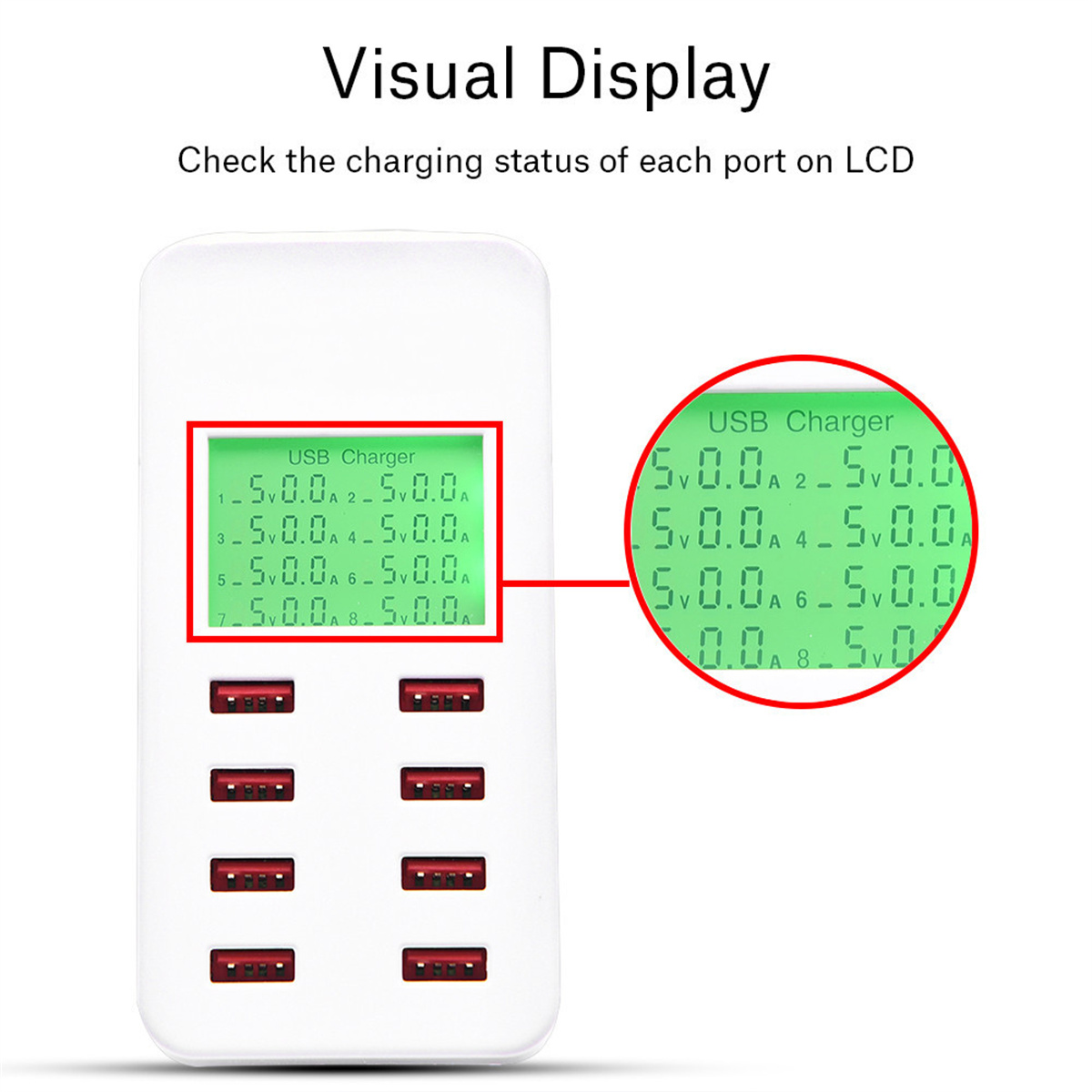 USB-Ladegerät mit grüner Anzeige, die den Ladestatus jedes Anschlusses zeigt.
