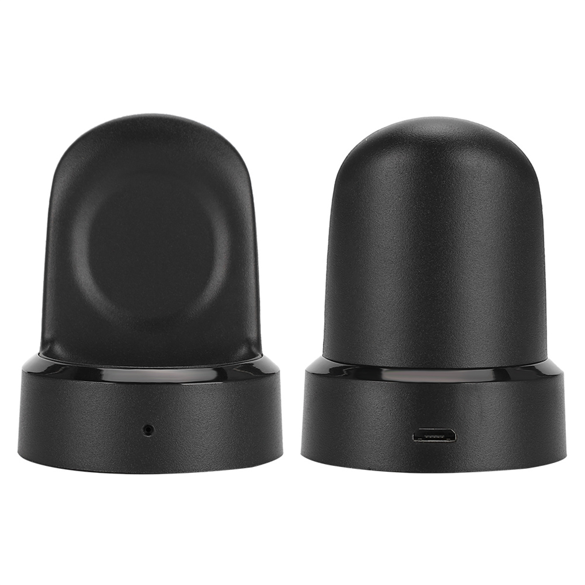 Zwei schwarze kabellose Ladestationen. Eine hat einen USB-Anschluss, die andere eine flache Oberfläche.