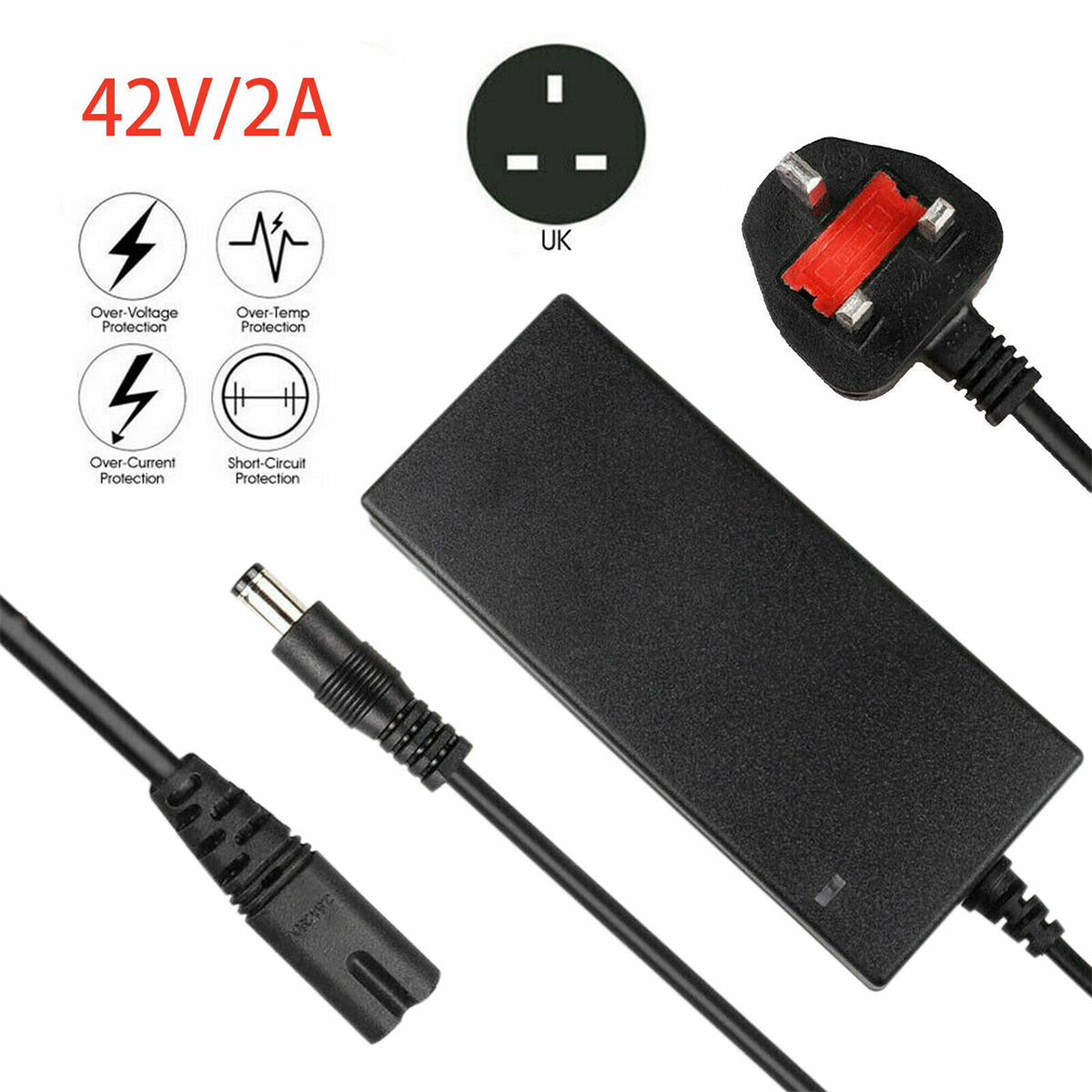 Schwarzes Ladegerät mit UK-Stecker, verschiedenen Sicherheitssymbolen und Spannungs-/Stromdetails: 42V/2A.