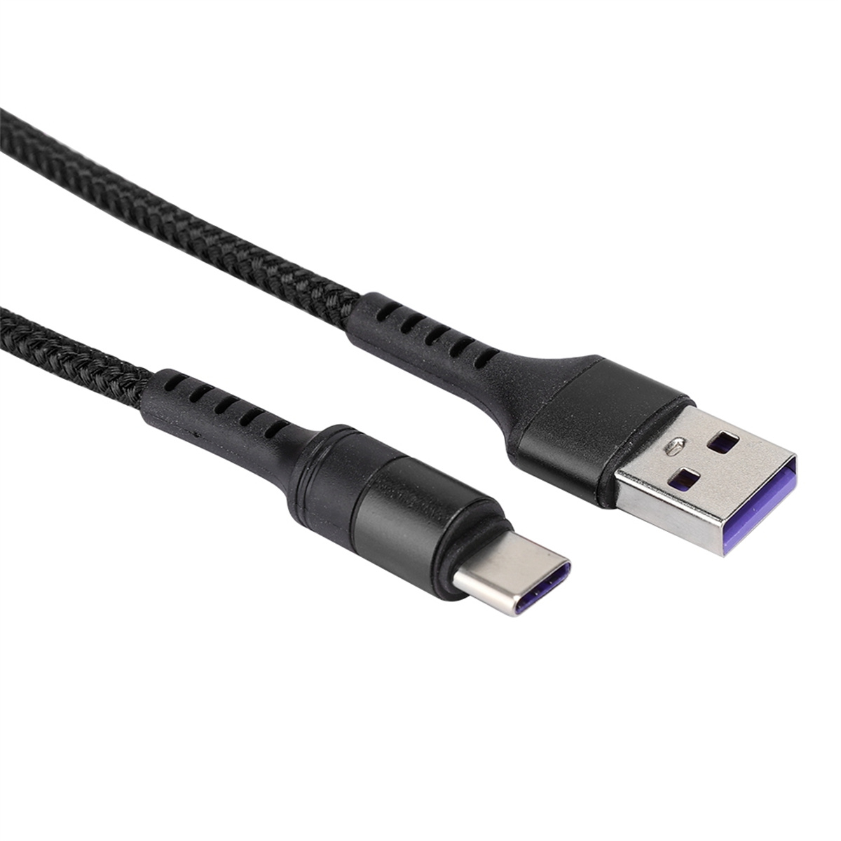 Schwarzes USB-C-zu-USB-A-Kabel mit geflochtener Textur. Die Anschlüsse sind schwarz.