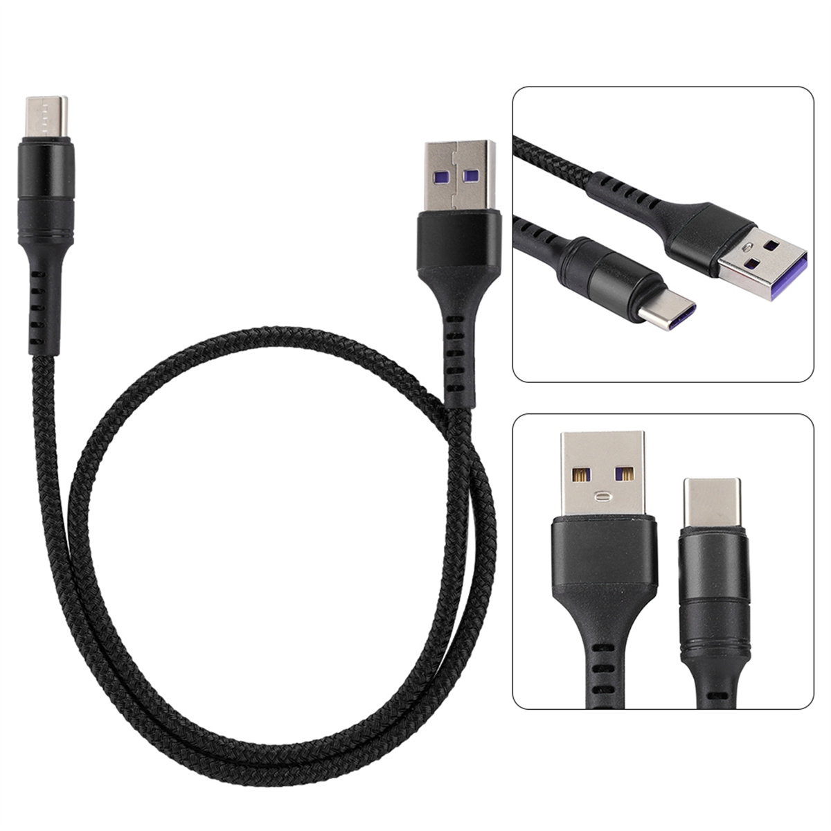 Ein schwarzes USB-Kabel mit USB-A- und USB-C-Anschlüssen und Nahaufnahmen der Anschlüsse.