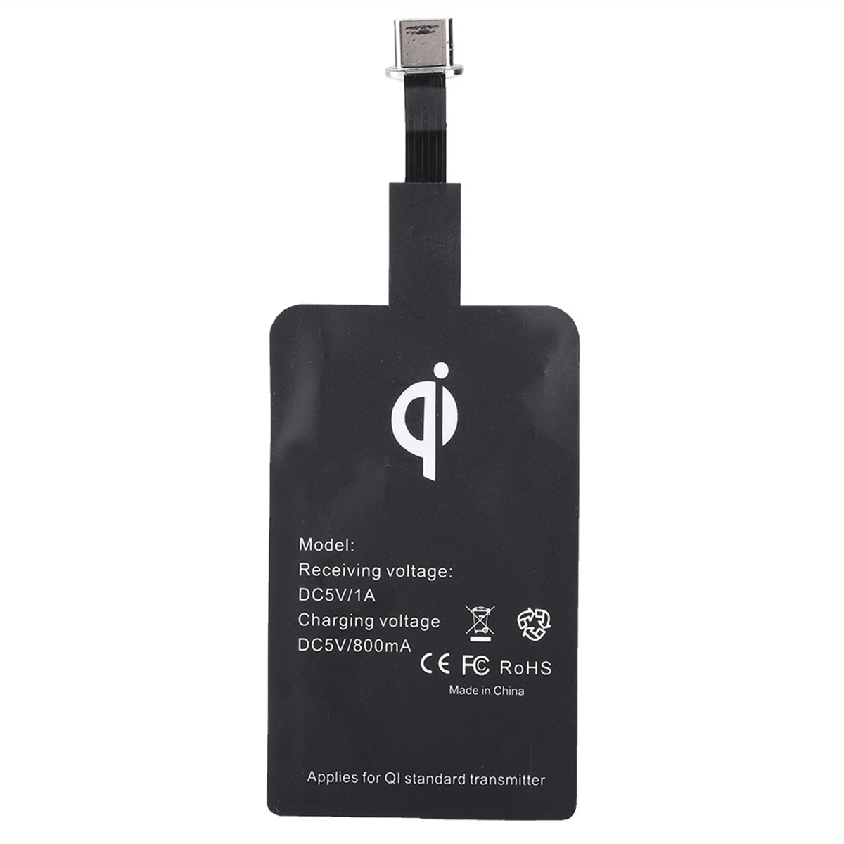 Schwarzes Qi-Wireless-Ladepad mit Logo, Kabel und Spezifikationen.