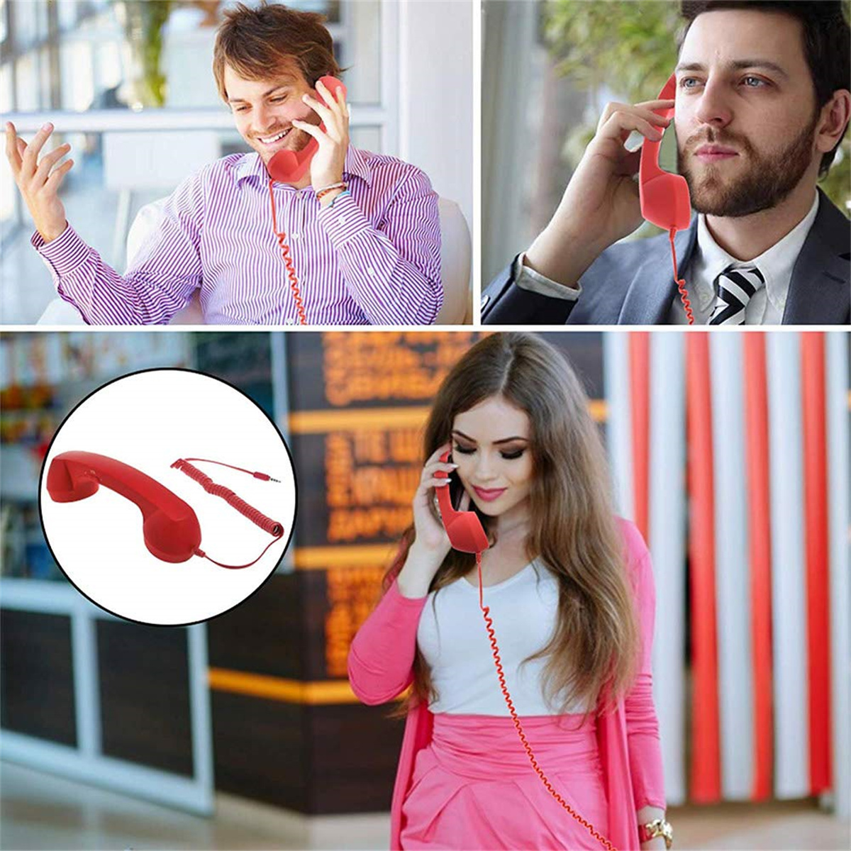 Collage von Personen, die mit roten Retro-Telefonen telefonieren, mit Nahaufnahme eines Hörers.