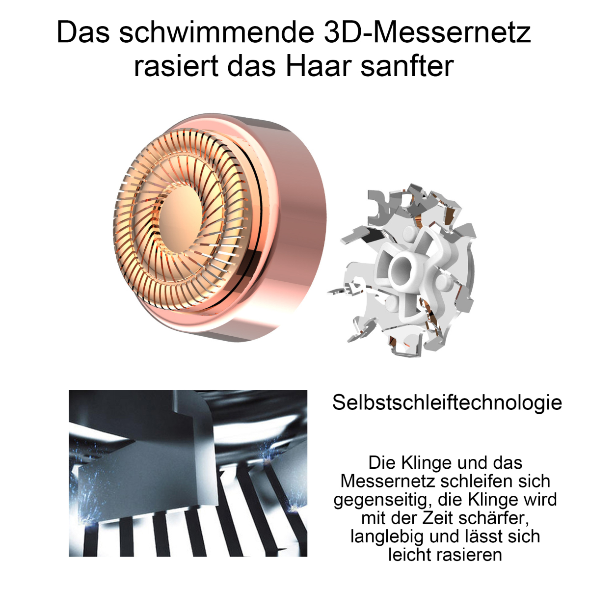 Nahaufnahme eines roségoldenen Rasiererkopfes und eines zerlegten Klingensatzes, mit Text zum Produkt.