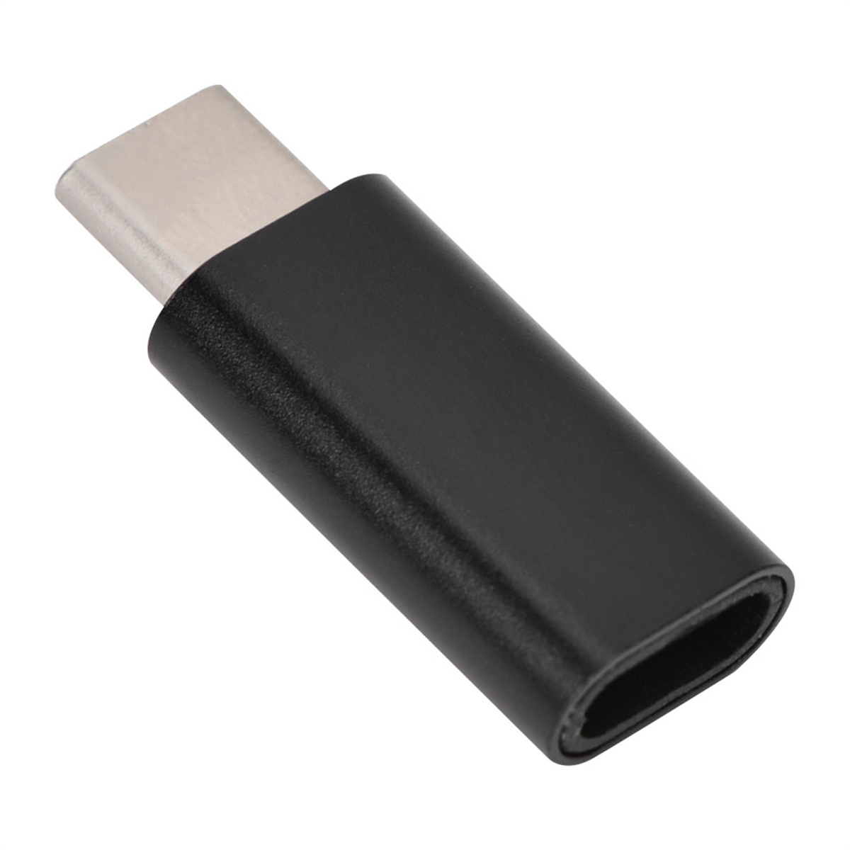 Ein schwarzer USB-C-Adapter mit einem silbernen Stecker. Es ist ein kurzes, rechteckiges Stück.