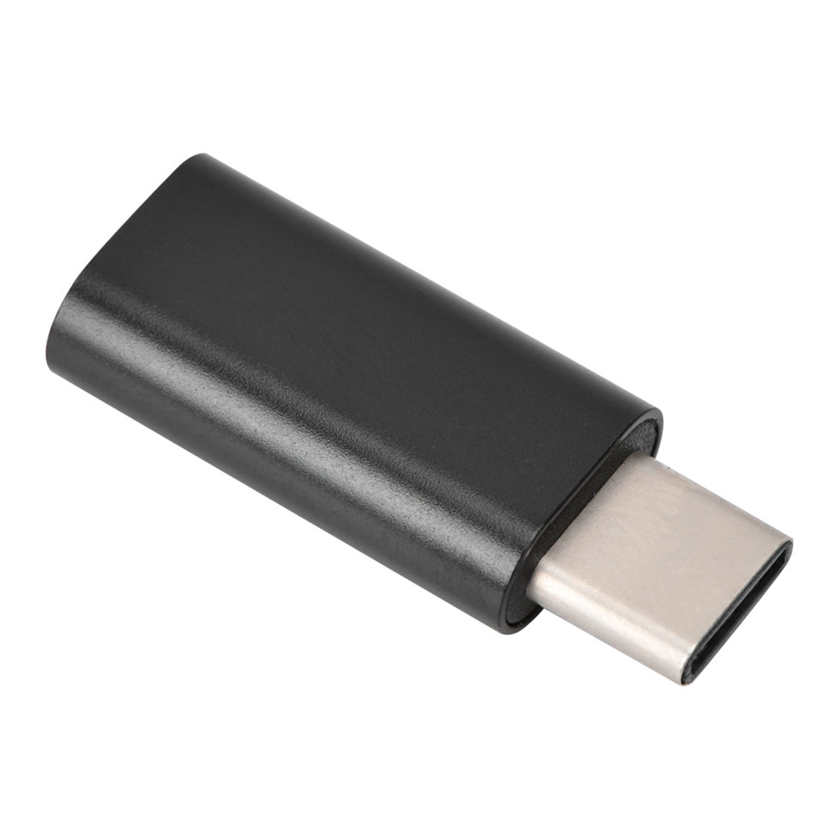 Ein schwarzer USB-C-Adapter mit silbernem Stecker auf weißem Hintergrund.