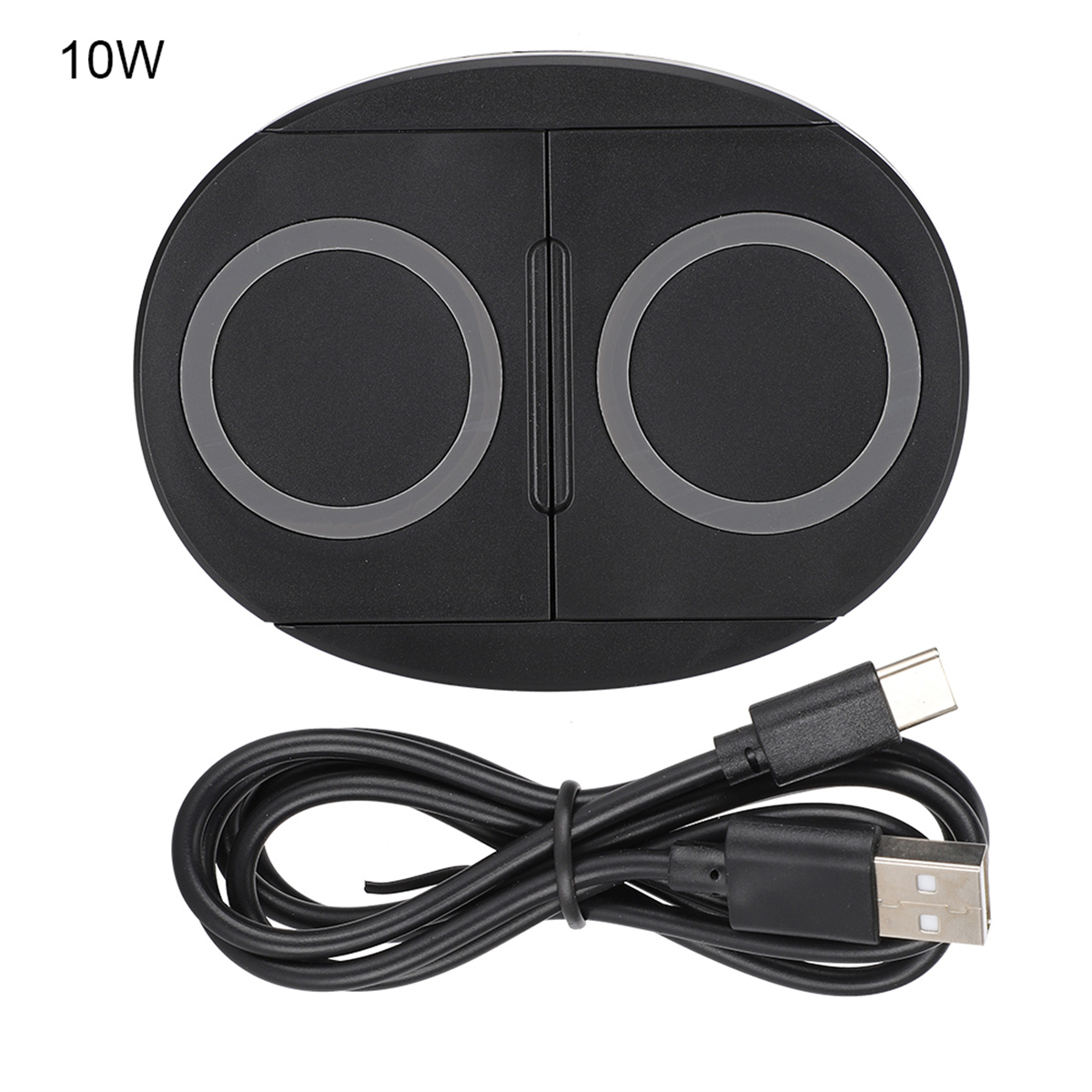 Schwarzes kabelloses Ladegerät mit zwei Kreisen, 10W oben und einem USB-Kabel.