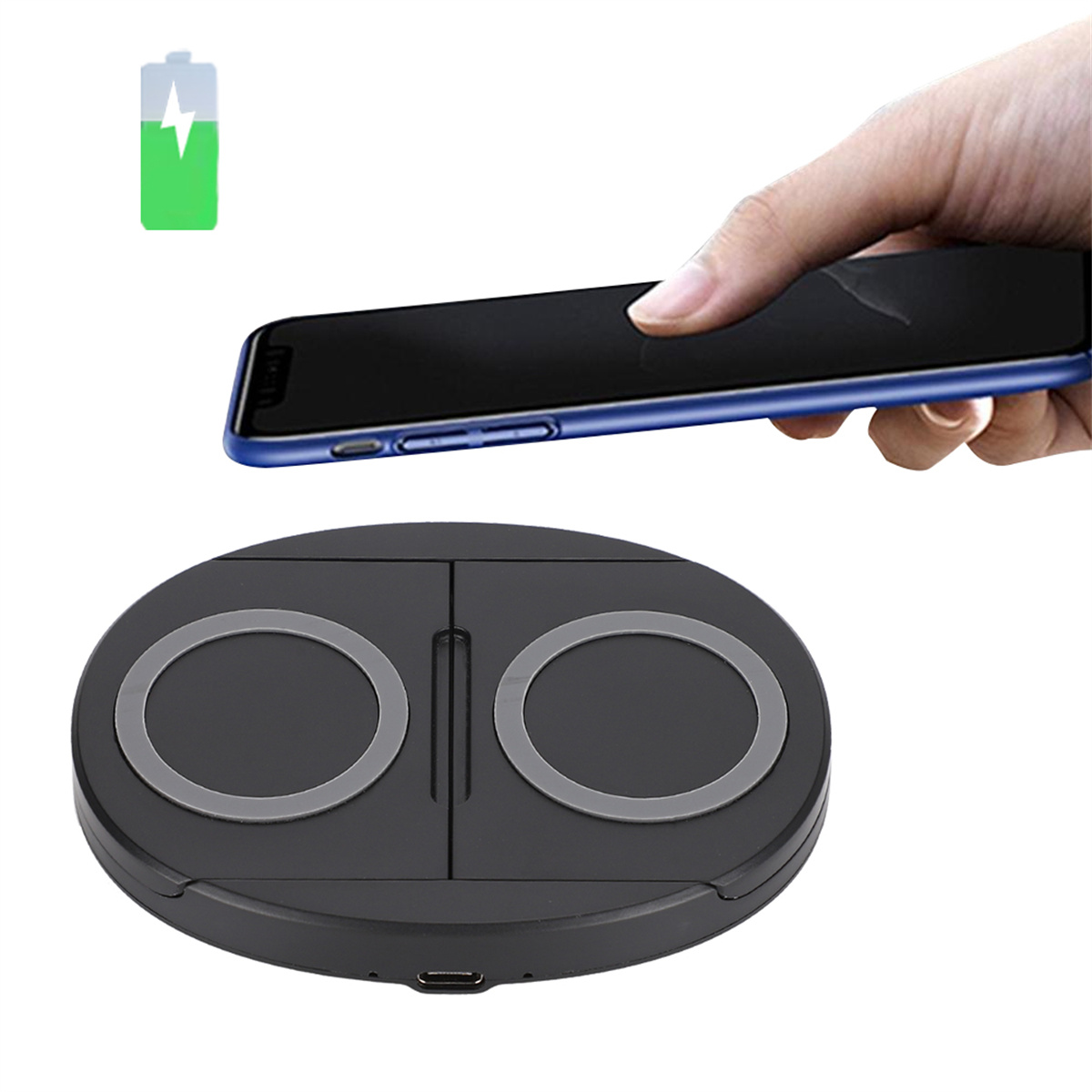 Ein schwarzes Ladepad mit zwei Ladekreisen, eine Hand legt ein Telefon ab, neben einem Akkusymbol.