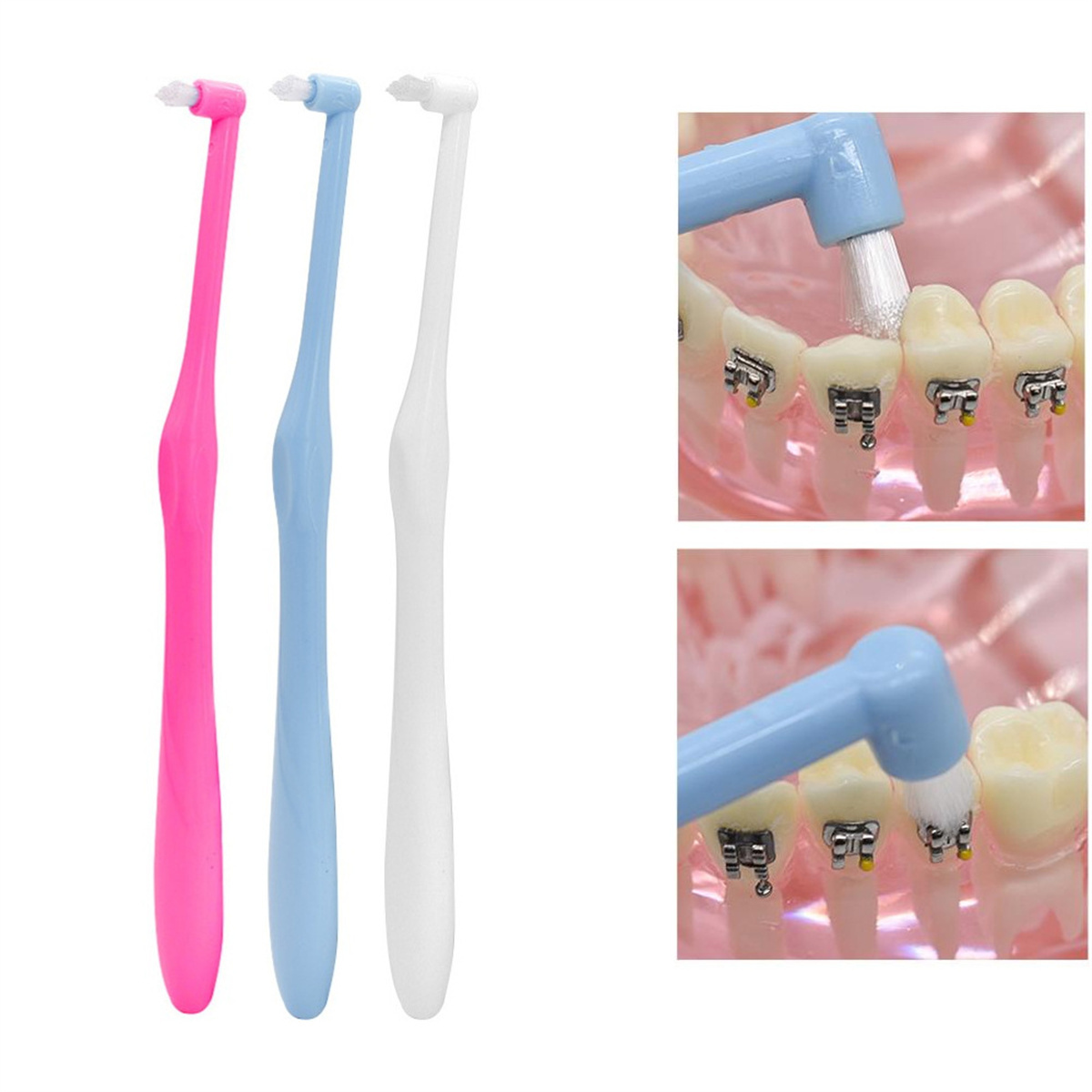 Rosa, blaue und weiße Interdentalbürsten. Zwei Bilder zeigen Bürsten, die Zähne mit Zahnspangen reinigen.