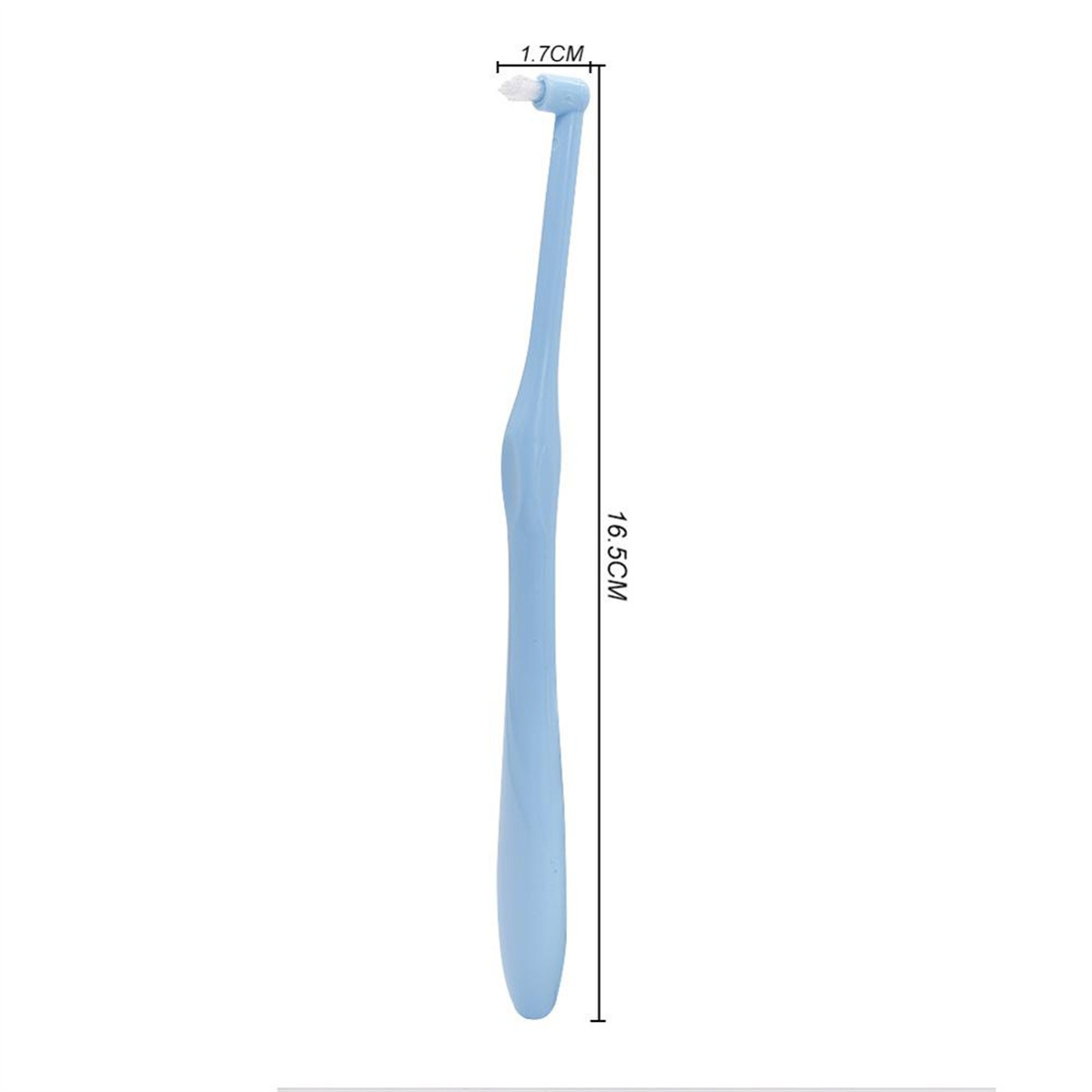 Eine hellblaue Interdentalbürste mit langem Griff, 16,5 cm lang.
