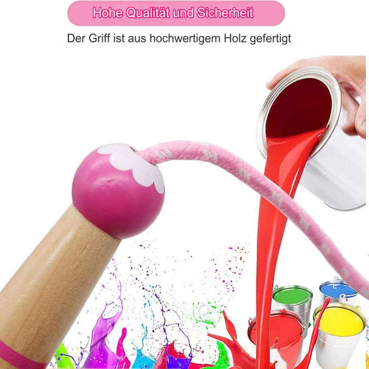 Rosa Holzspielzeug mit roter Farbe, die gegossen wird.