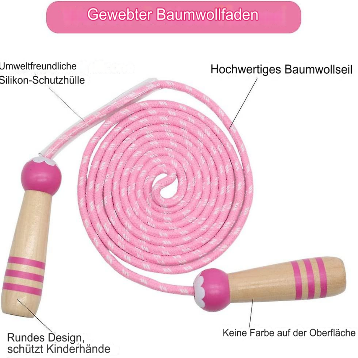 Rosa Springseil mit Holzgriffen. Das Design umfasst rosa und weiße Streifen.