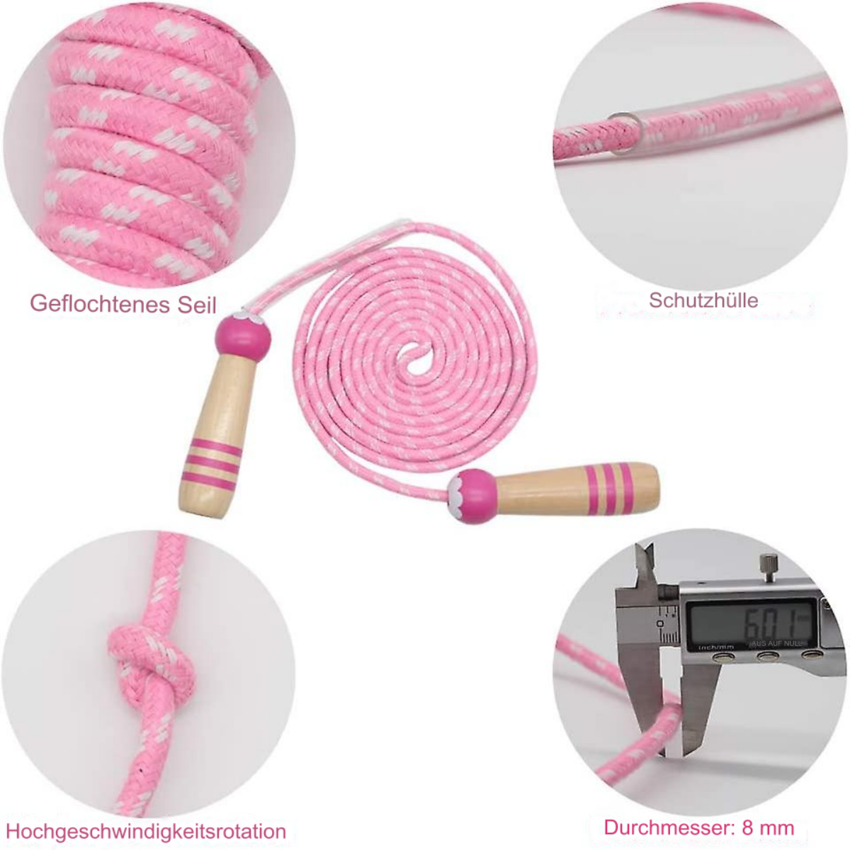 Rosa-weißes Springseil mit Holzgriffen. Diagramm zeigt Knoten und Maße.