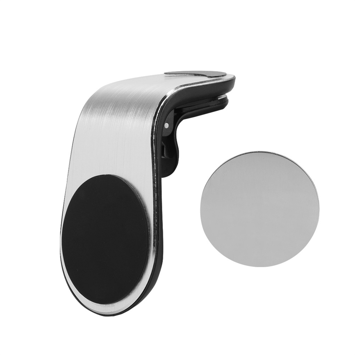 Silberner und schwarzer Autotelefonhalter mit Metallplatte. Er hat ein gebogenes Design.