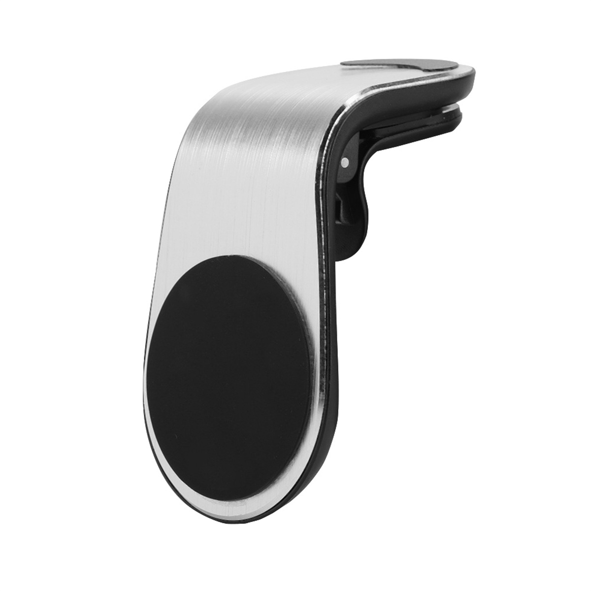 Silberner Autotelefonhalter. Schwarzer kreisförmiger magnetischer Telefonhalter. Winkelansicht.