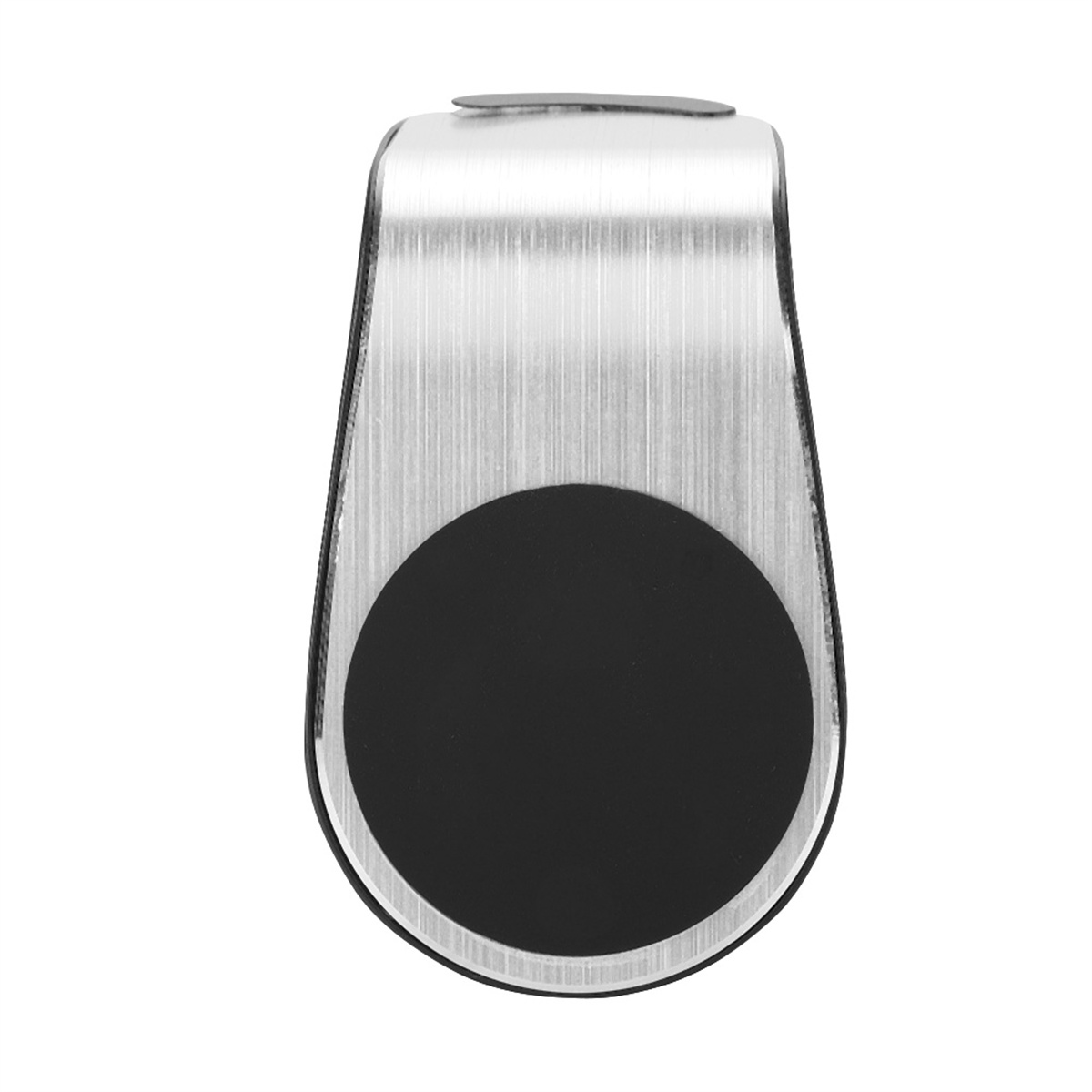 Silberner und schwarzer magnetischer Telefonhalter mit schwarzem kreisförmigem Pad.