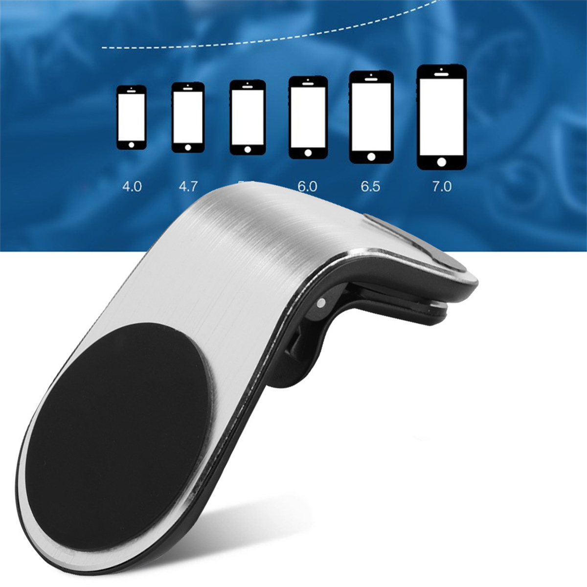 Silberner Autotelefonhalter mit schwarzem Rundpad und Diagramm mit Telefonen.