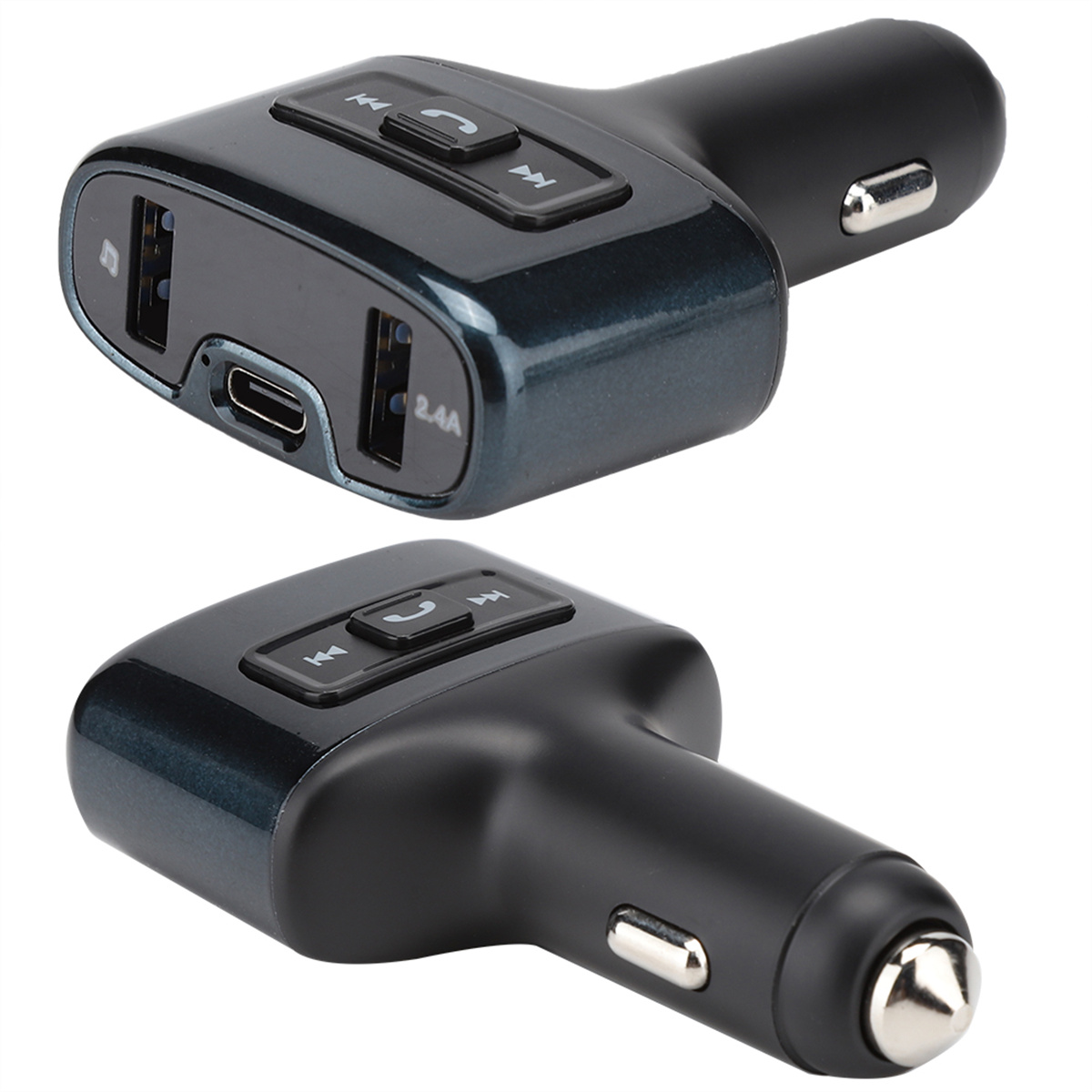 Schwarzes und blaues Autoladegerät mit USB-Anschlüssen und Tasten. Ansichten von oben und schräg sind abgebildet.