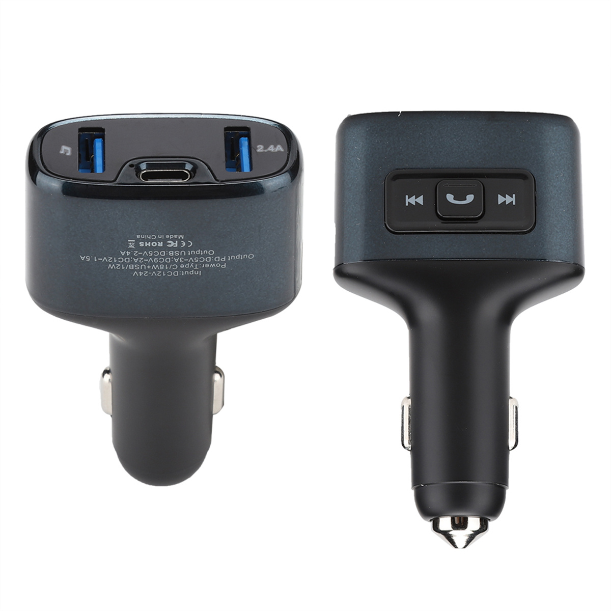 Zweiseitiges Autoladegerät mit USB-Anschlüssen und Knöpfen. Schwarz und grau.